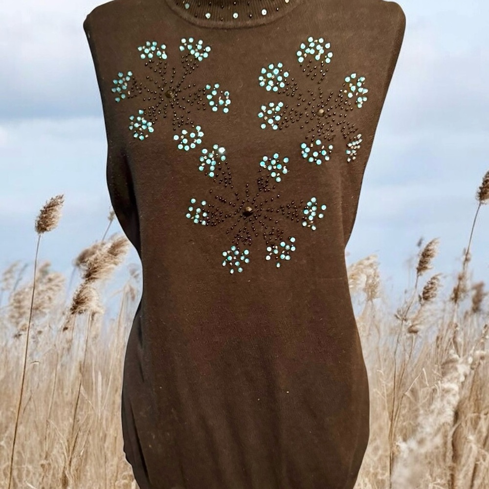 Black Sleeveless Top Hand beaded Turquoise Floral Accents